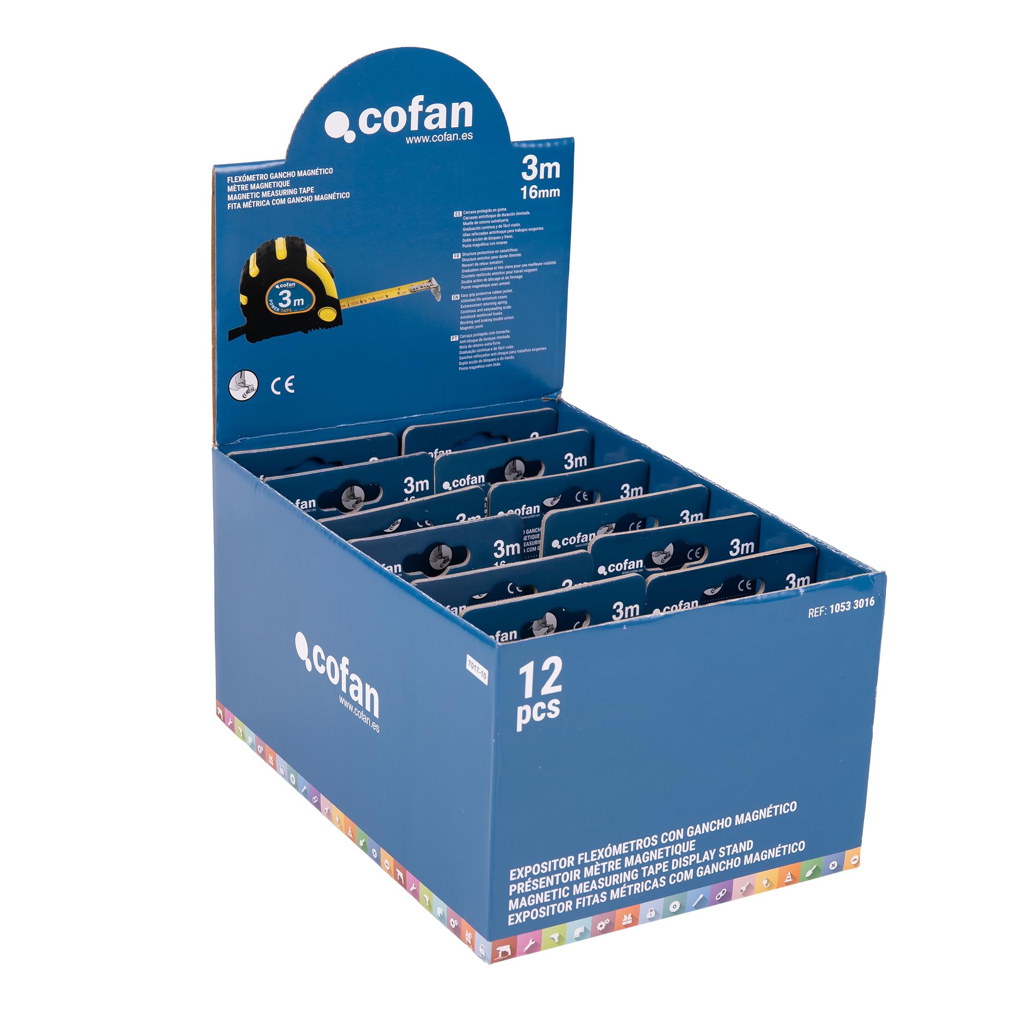 Cofan Expositor para flexómetros magnéticos de Cofan | Incluye 12 flexómetros | Flexómetro de 3 m x 16 mm (hoja) | Medida Expositor: 26,6 x 17,8 x 13,5 cm
