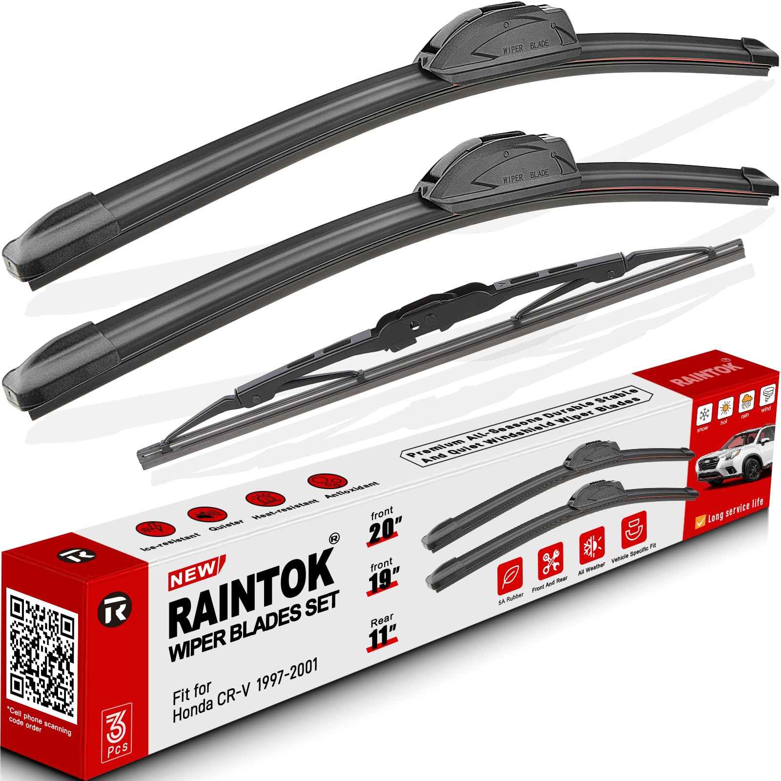 3 Pack Windshield Wiper Blades Replacement for Honda CRV CR-V 1997-2001 | Original Factory Quality Front Rear All-Weather Wipers Blade Set for My Car - 20"/19"/11" (Pack of 3) U/J Hook