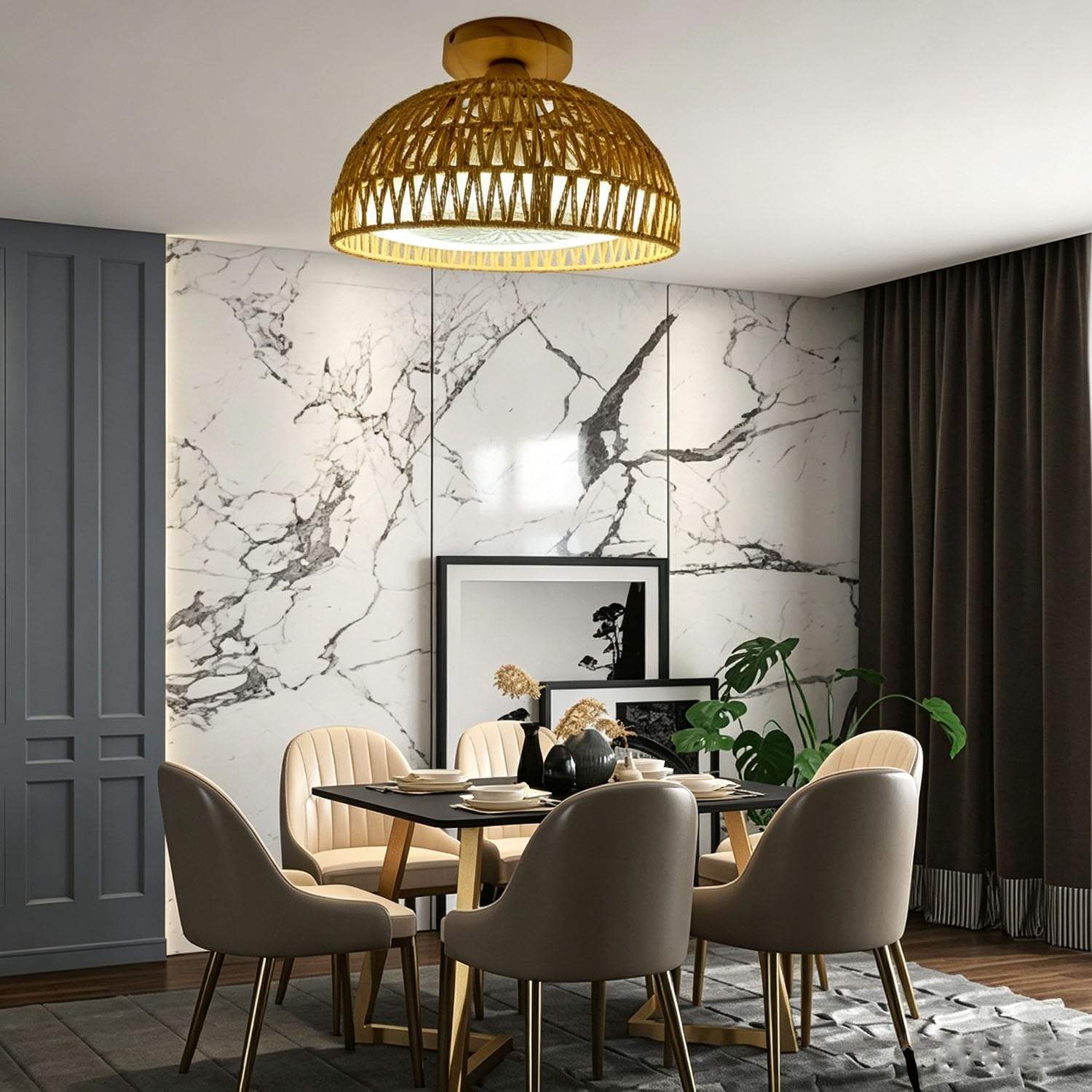 Piptyllite New Chinese Style Wicker Ceiling Fan Light, Solid Wood Wabi-Sabi for Bedroom & Tea Room,Brown