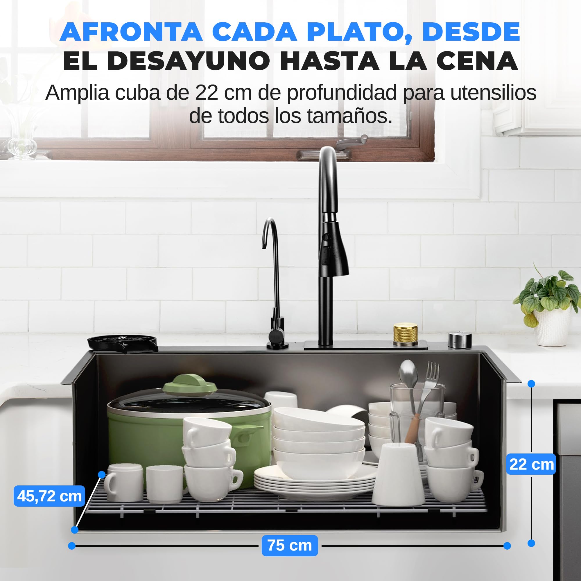 Serenelife fregadero cocina, Con grifo, Rejilla de drenaje, Canasta coladora, Tavla de cortar, Lavavasos, Acero inoxidable, Instalacion bajo o sobre encimera