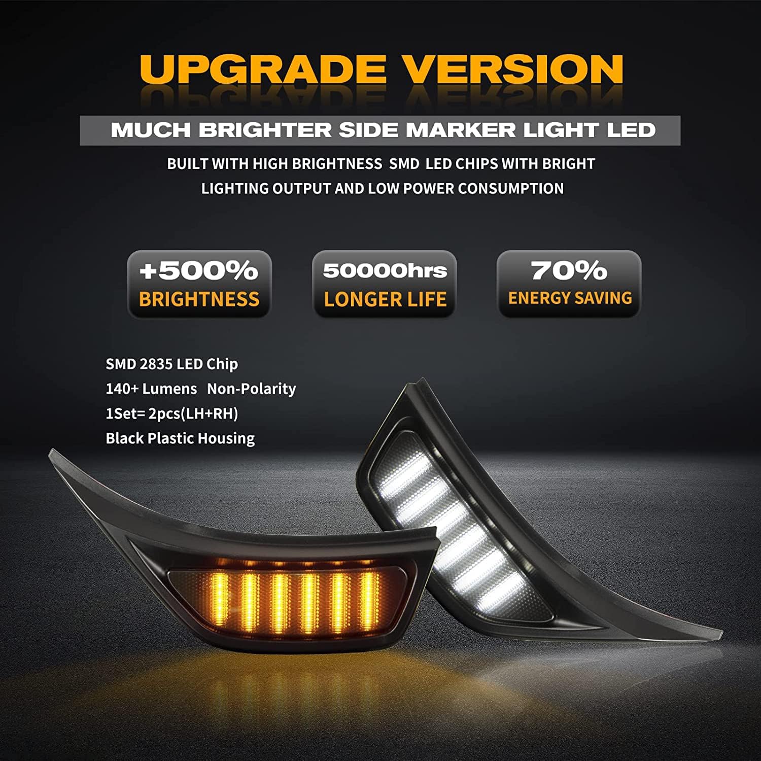 Gempro LED Sequential Side Marker Light Front Fender Vent Light for Jeep Wrangler JL JLU 2018-2023 ​Switchback Turn Signal Lamp Assembly Smoked Black, 2PCS