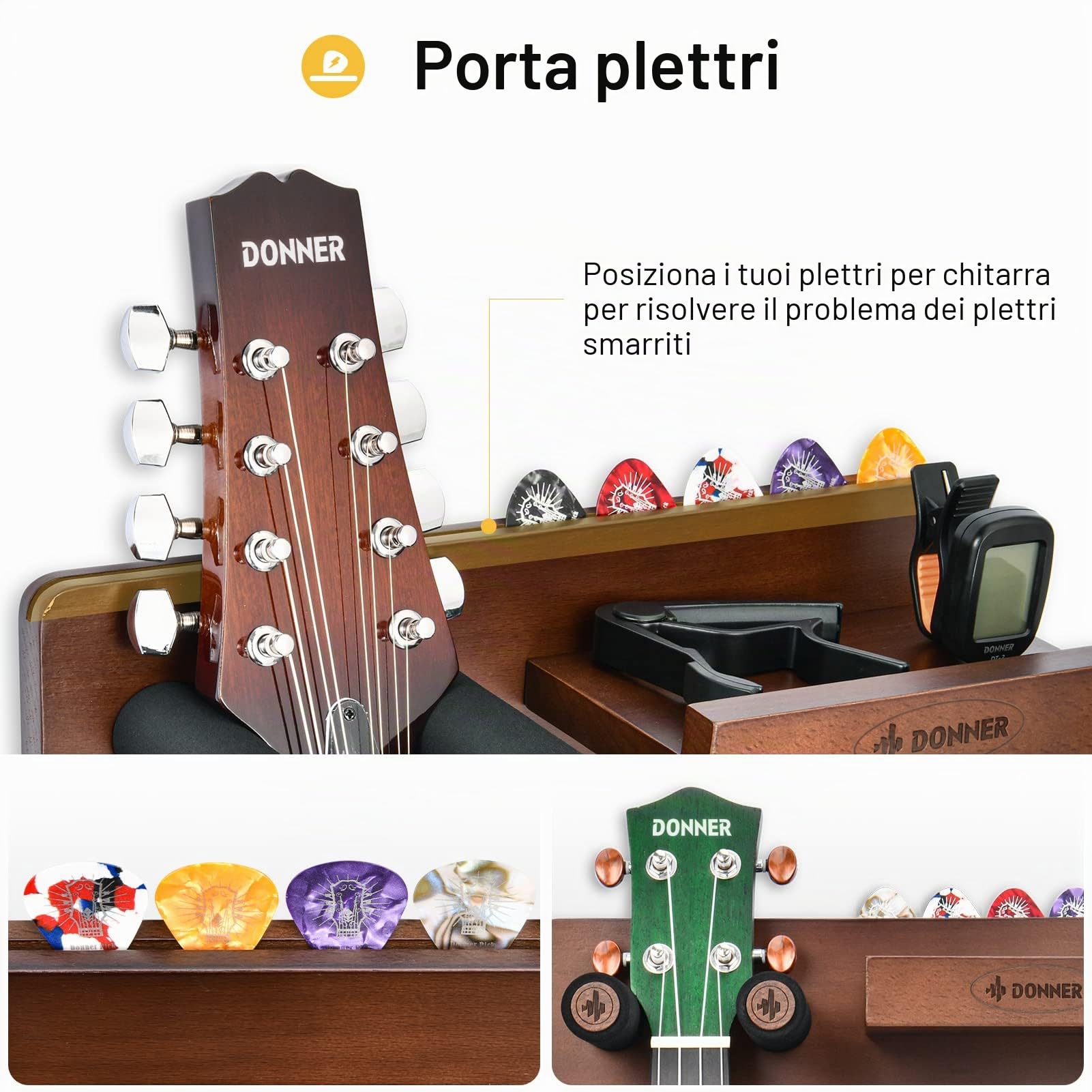 Donner Supporto Chitarra da Parete, Porta Chitarra da Muro Gancio in Legno, Supporto Multifunzionale con Supporto Plettri e 2 Ganci per Ukulele Violino Basso Chitarra elettriche acustica e Accessori