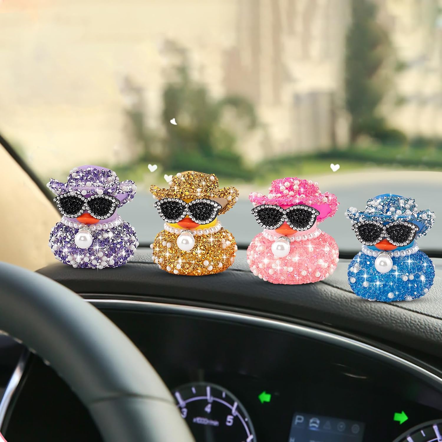 wonuu Diamond Rubber Duck Car Dashboard Decoration, Cowboy Ducks Car Dash Accessories Ornament with Cowboy Hat, Sunglasses, Pearl Pendant Necklace (Purple)