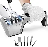 Afiador De Facas 4 em 1, Amolador Manual Profissional 4 Estágios para Todas as Facas e Tesouras de Cozinha, Base Antiderrapante Segura, Cabo Ergonômico, Discos de Cerâmica e Diamantado