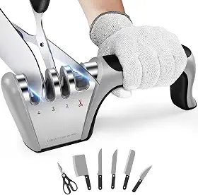Afiador De Facas 4 em 1, Amolador Manual Profissional 4 Estágios para Todas as Facas e Tesouras de Cozinha, Base Antiderrapante Segura, Cabo Ergonômico, Discos de Cerâmica e Diamantado