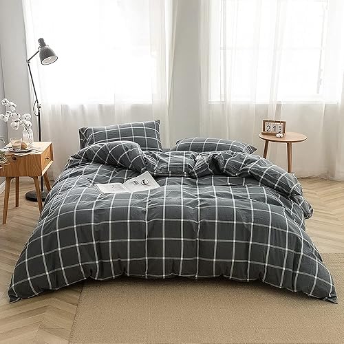 Miniatura 18 de FACE TWO FACE Juego de funda de edredón de 3 piezas, 100 % algodón lavado con textura parecida al lino transpirable duradero suave cómodo