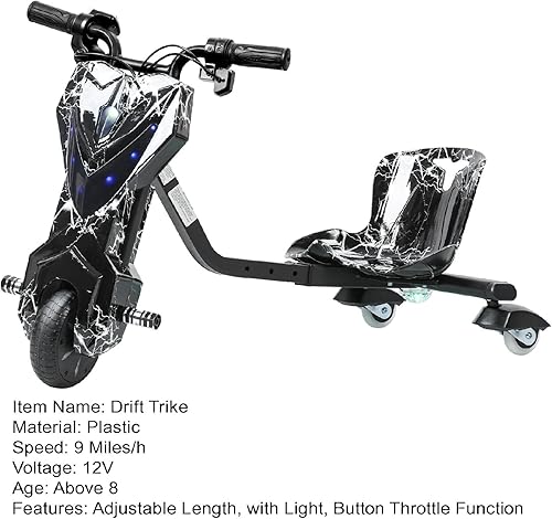 Miniatura 8 de Triciclo de deriva para niños, triciclo grande para niños de 8 años en adelante, asiento ajustable, triciclo eléctrico de deriva de 12 V con freno