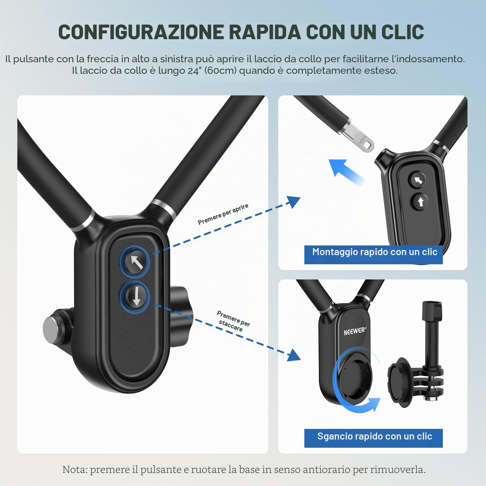 NEEWER Supporto Magnetico da Collo per Action Camera e Telefono, Treppiede da Collo Supporto da Petto Compatibile con GoPro DJI Insta360 iPhone 15 Android, Neck Phone Holder per POV Video Vlog, GP16