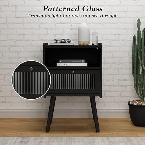 Miniatura 72 de Mesita de noche moderna de mediados de siglo con estación de carga, mesitas de noche con puerta de cristal, mesa auxiliar con espacio de Gris