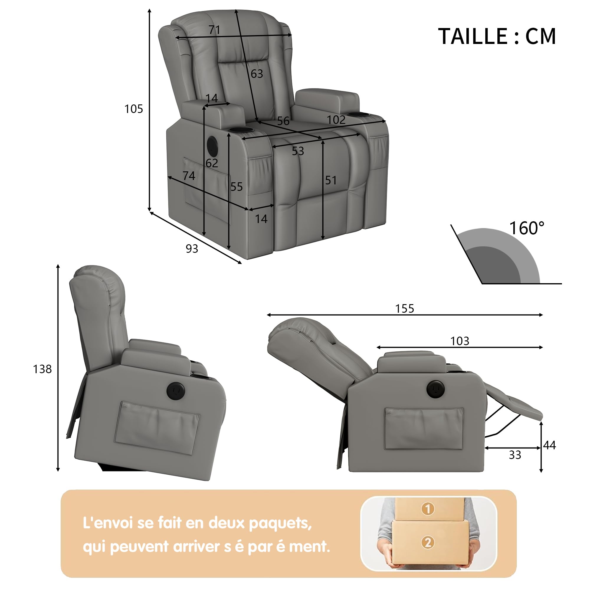 Fauteuil Releveur Électrique,8 Points de Massage Vibrants,Fonction de Chauffage et Chargement USB,Fauteuil Relax Electrique avec Dossier Inclinable 160° et Porte-Gobelet, Gris