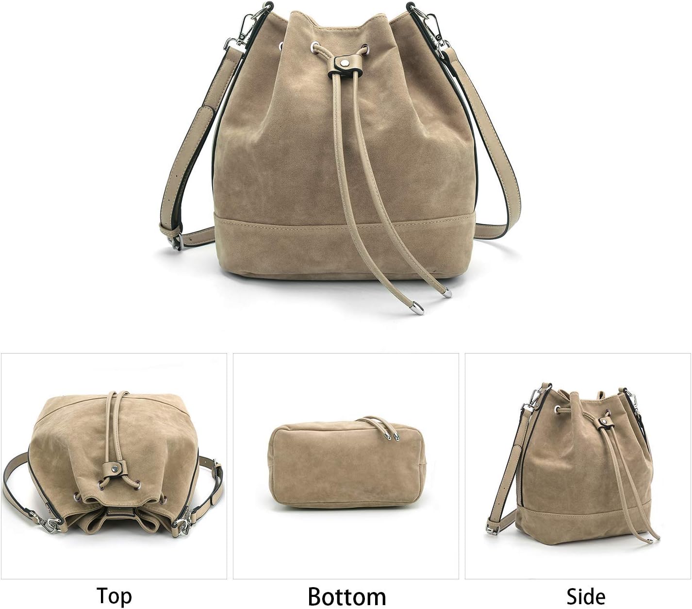 AFKOMST Suede Bucket Bags for Women Medium Slouchy Shoulder Handbag and Drawstring Hobo Purse with 2 Convertible Straps | Faux Suede, Spacious Room, Fit Tablet, A5 Notebook - Image 3