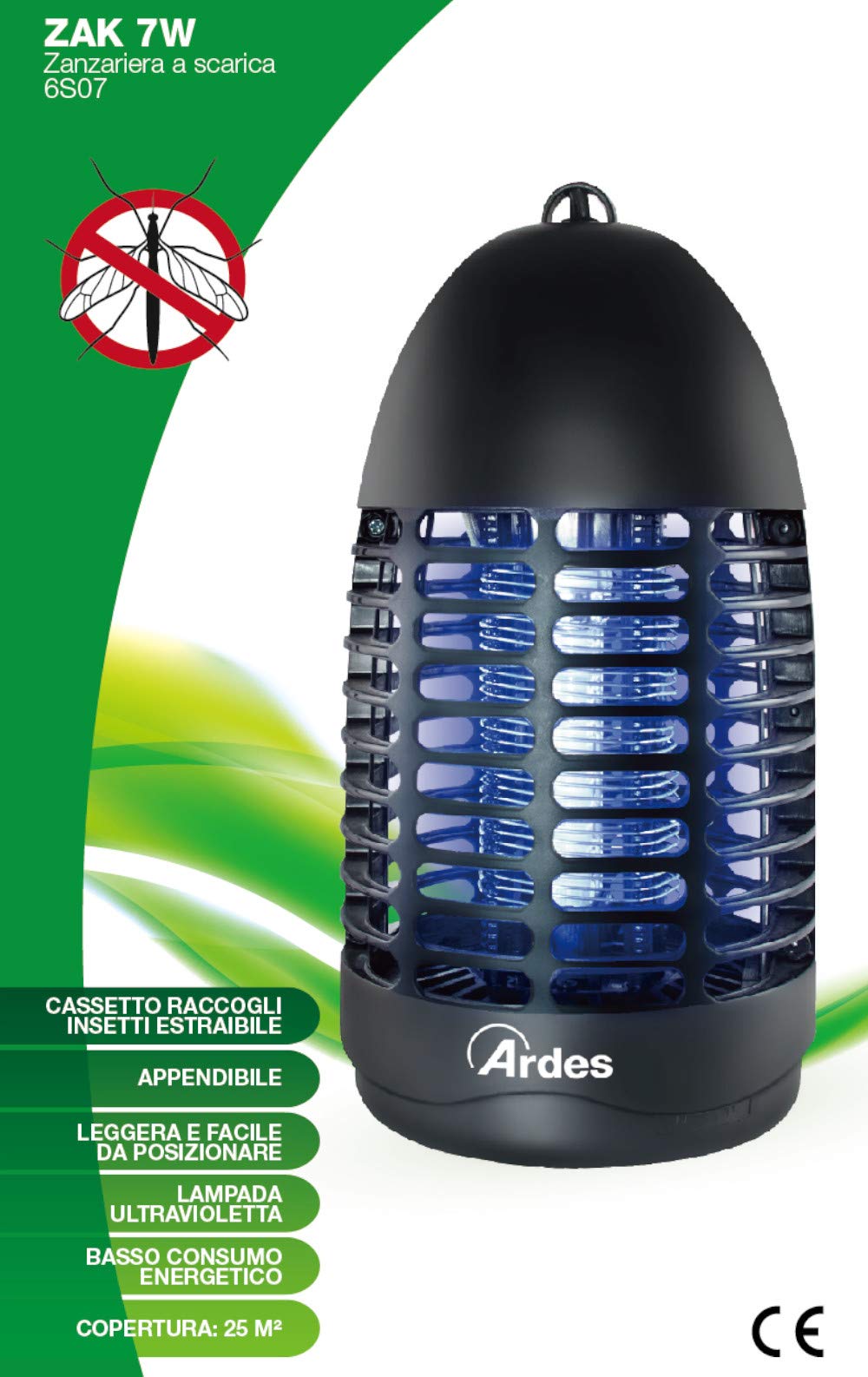 Ardes 7W AR6S07 ZAK-Mosquitera eléctrica de Descarga de 7 W-Insecticida Killer Gancho para Colgar con recogedor de Insectos, Negro