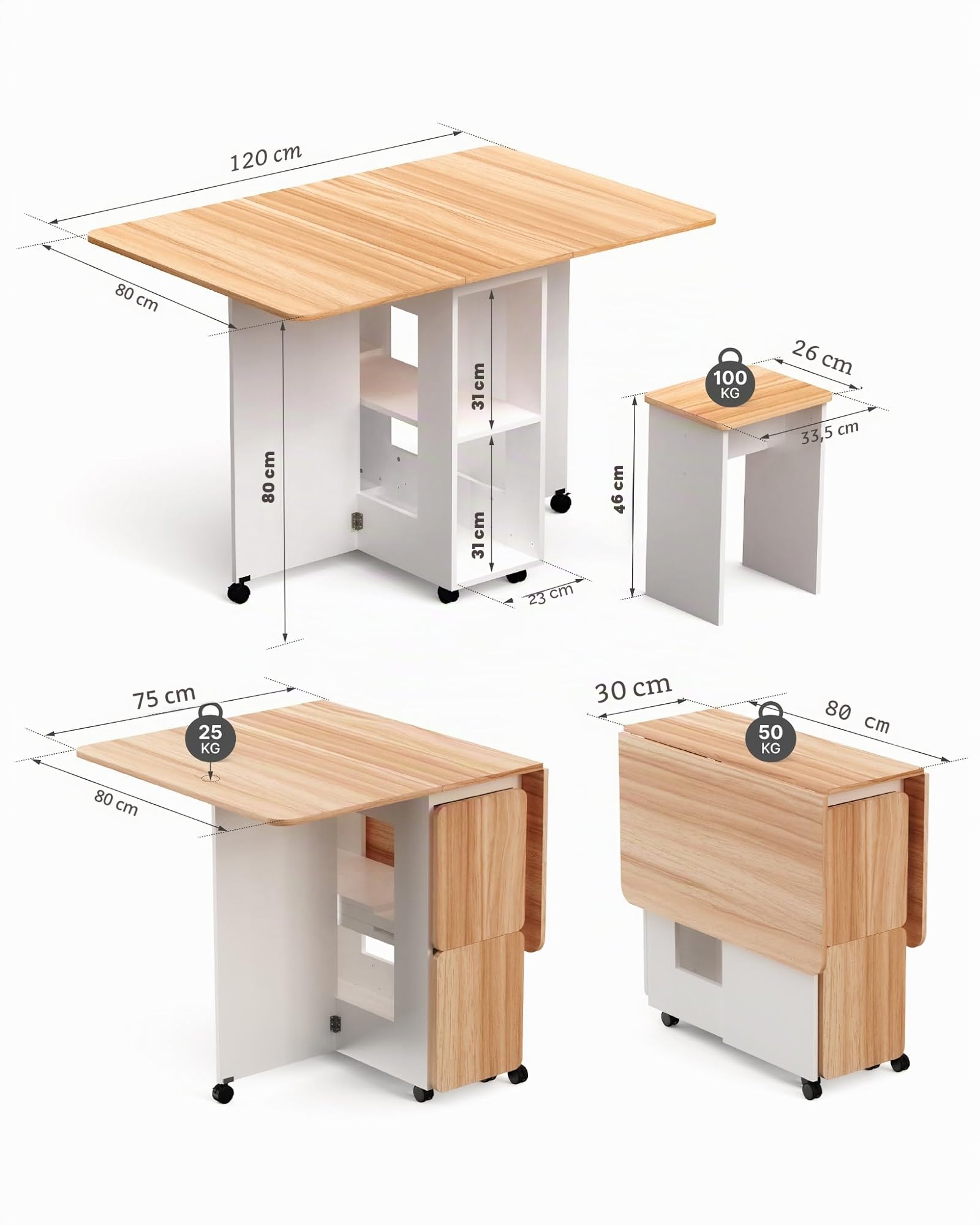 Mondeer Ensemble Table à Manger avec 4 Chaises, Ensemble Table à Manger Pliable avec Chaises pour Petits Espaces avec Etagères de Rangement, 120 x 80 x 80 cm, Chêne et Blanc