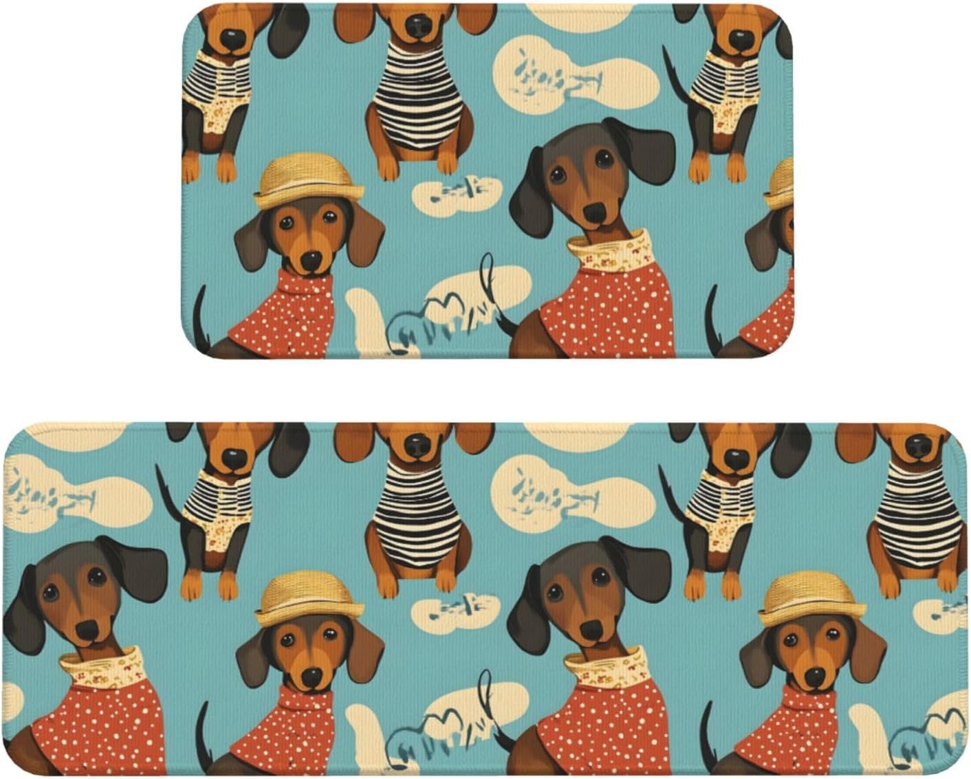 Cute Hat Dog Print Kitchen Rugs Sets of 2 Non Slip Washable, Anti Fatigue Kitchen Mats for Floor, Home Decor