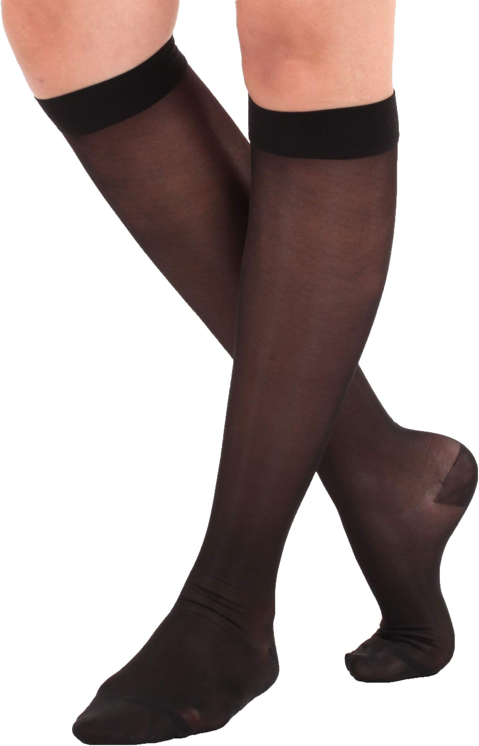 Made in USA - Sheer Compression Socks for Women 15-20 mmHg - Support Hose Knee High Stockings - Black, Medium