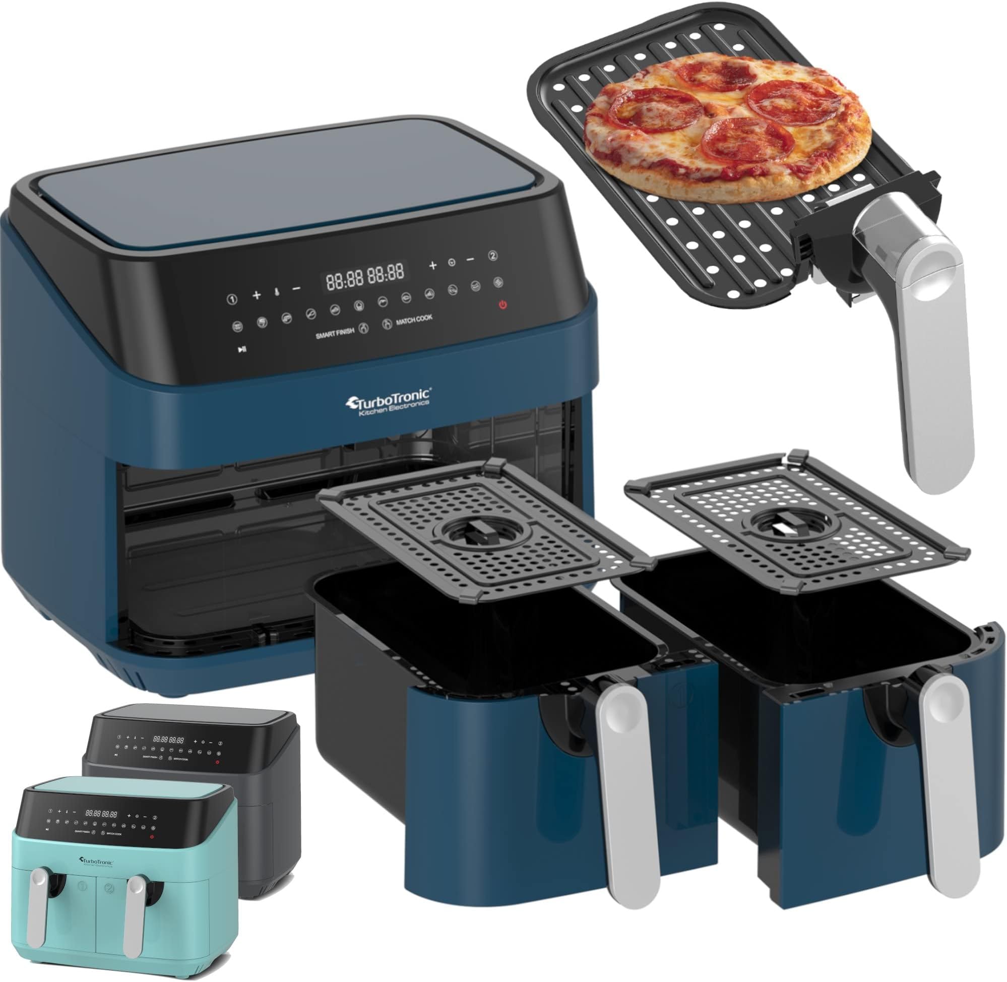TurboTronic Double TT-DAF5 Air Fryer XXL, Digital Hot Air Fryer, 9L (2x 4.5L Double Chamber), 12 Programmes, Airfryer, Fat Free (Blue)'