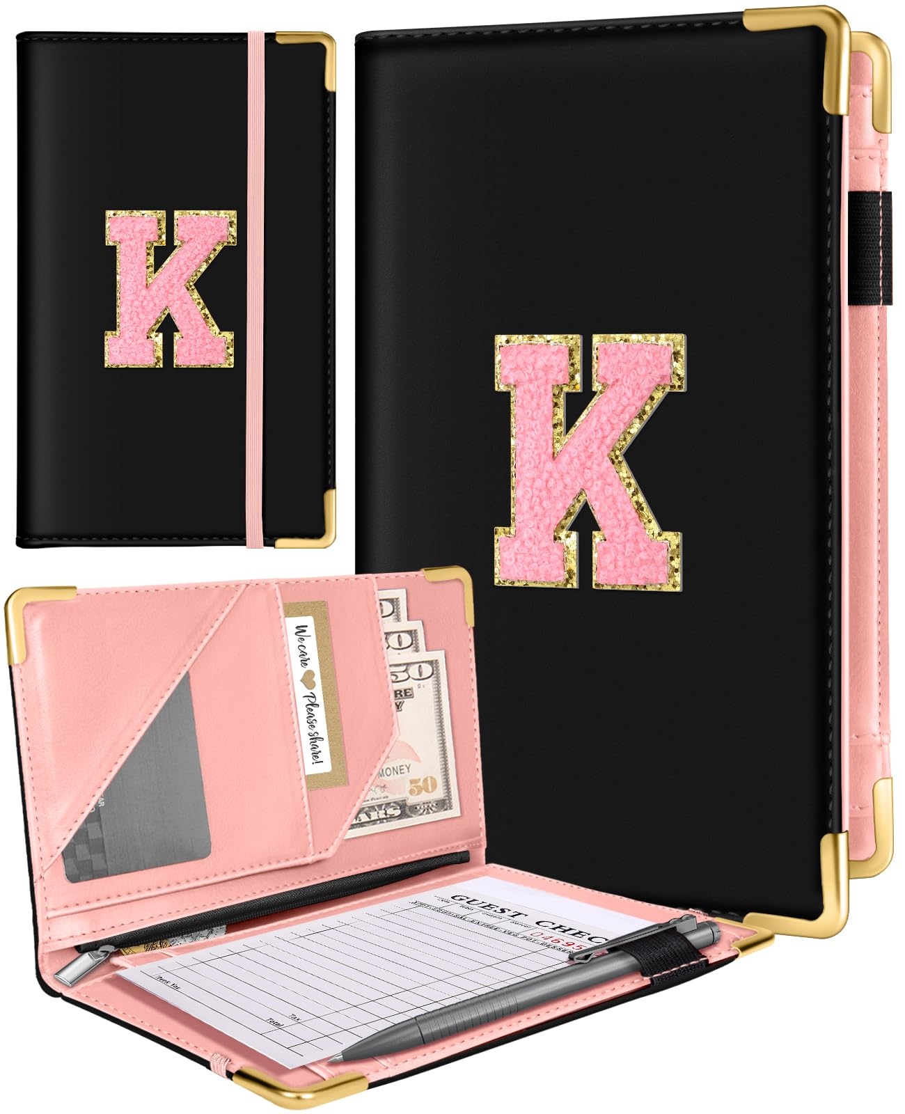 Slohif Server Book for Waitress Alphabet Serving Books with Zipper Pocket Accessories Leather Server Check Book Restaurant Waiter Wallet Server