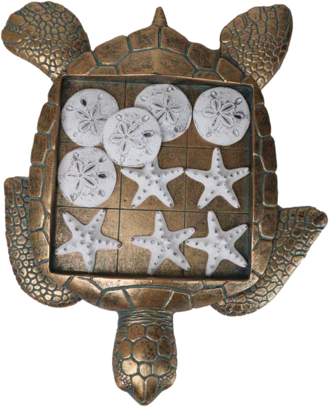 Ebros Gift Nautical Marine Coastal Faux Antiqued Bronze Sea Turtle Tic Tac Toe Board with Sand Dollars and Starfishes Ornaments Set Decorative Beach Home Accent