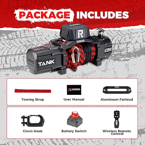 Miniatura 3 de Rugcel Winch - Cabrestante eléctrico de cuerda sintética, impermeable, de 13,500 libras, 12 V, guiacabos con escobén, control remoto inalámbrico 2