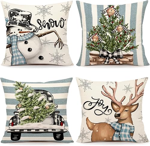 4TH Emotion Juego de 4 fundas de almohada navideñas de 18 x 18 pulgadas, decoración navideña de granja, muñeco de nieve, reno, eucalipto, camión,
