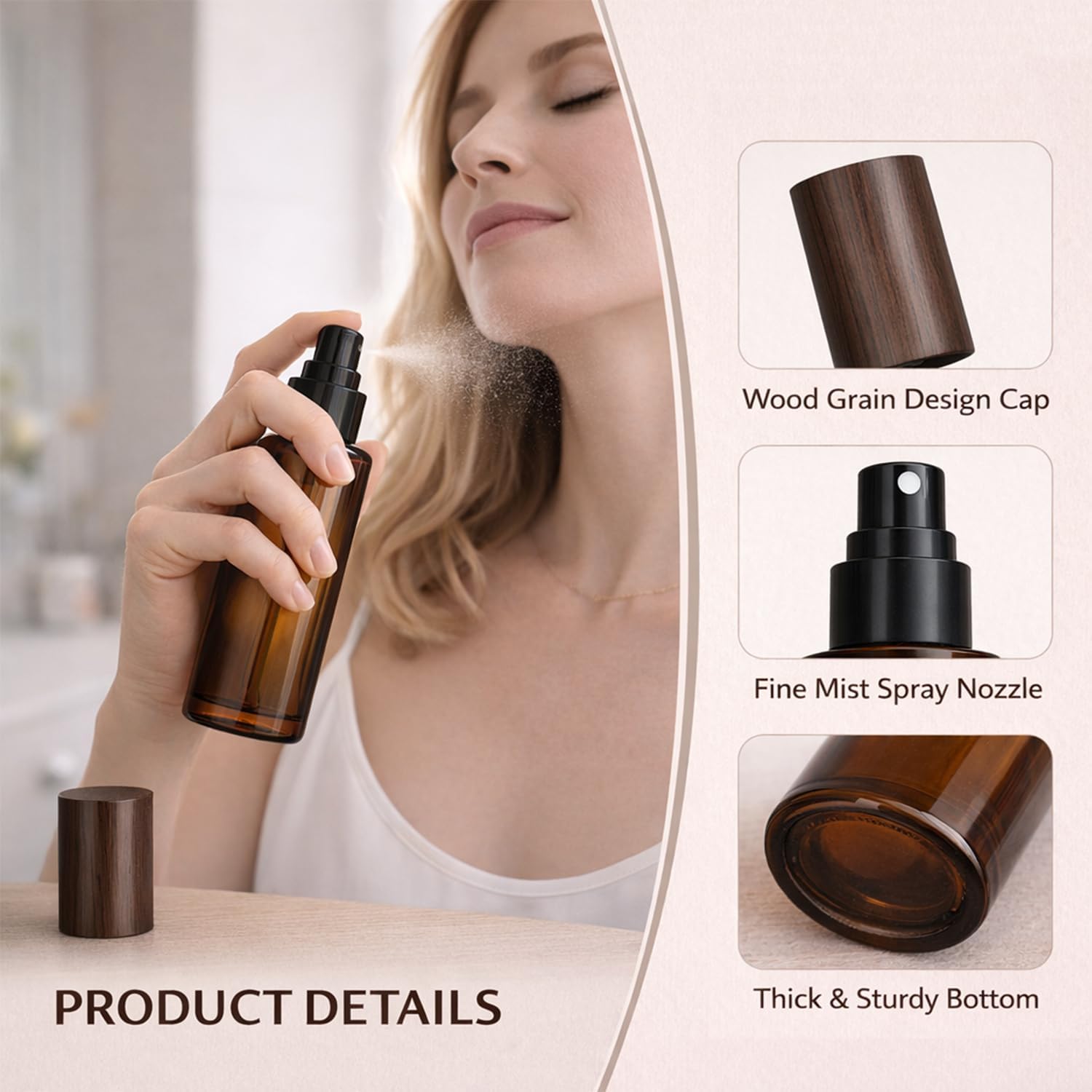 4Packs 60ml/2Oz Amber Glass Spray Bottle Refillable Fine Mist Sprayer with Wood Grain Cap Reusable Empty Container for Perfume, Essential Oils, Room Spray image 3