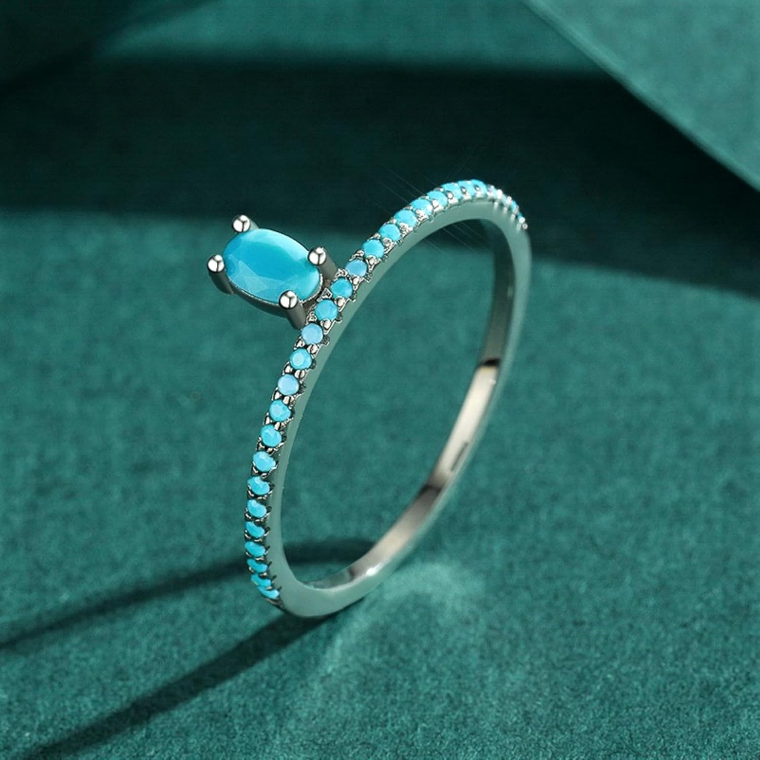Turquoise Stackable Ring for Women Girls, 925 Sterling Silver Wedding Promise Rings Blue Stone Stacking Statement Band Ring