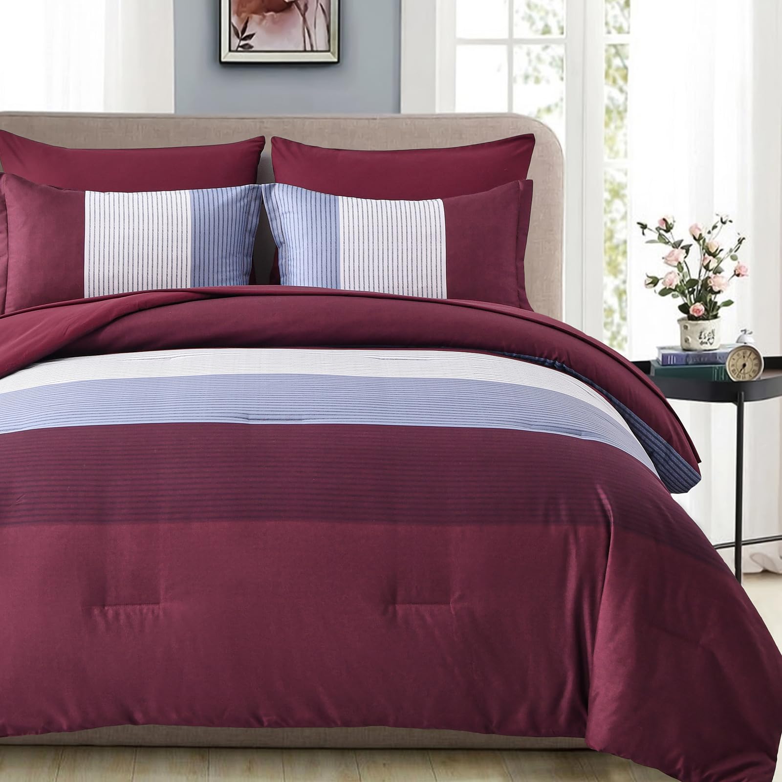 Red Burgundy Bed in a Bag Comforter Queen Size 7 Piece Red Blue Stripe Patchwork Microfiber Comforter and Sheet Set - All Season Down Alternative Bedding Set w/Fitted Flat Sheets, Pillowcases & Shams