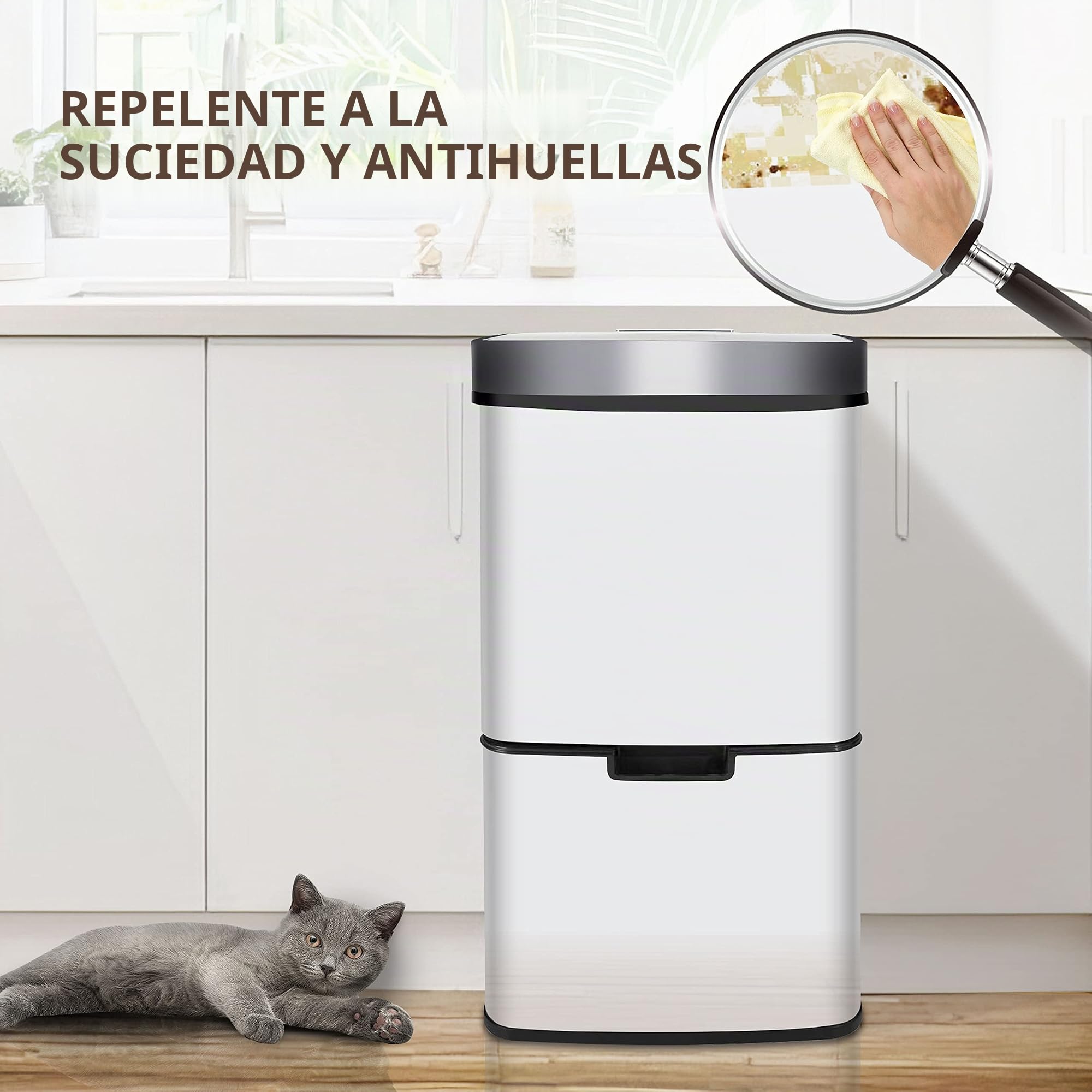 Ribelli Acero inoxidable – Sistemas de separación de basura con 3 + 1 compartimentos – Cubo de basura con sensor – 72 litros (2 x 12 + 1 x 48 L) – Cubo de basura de diseño de acero inoxidable – Blanco