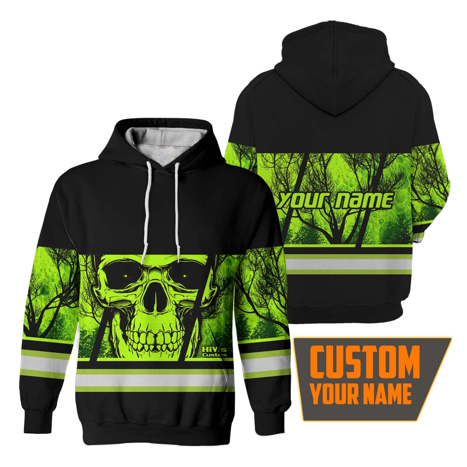 HiVis Custom Green Hi-Skull 2 High Visibility Hoodie for Men Reflective Hoodie Hi Vis Construction Workwear for Runners, Walkers, Trucker, Operator, Patriotic-2XL