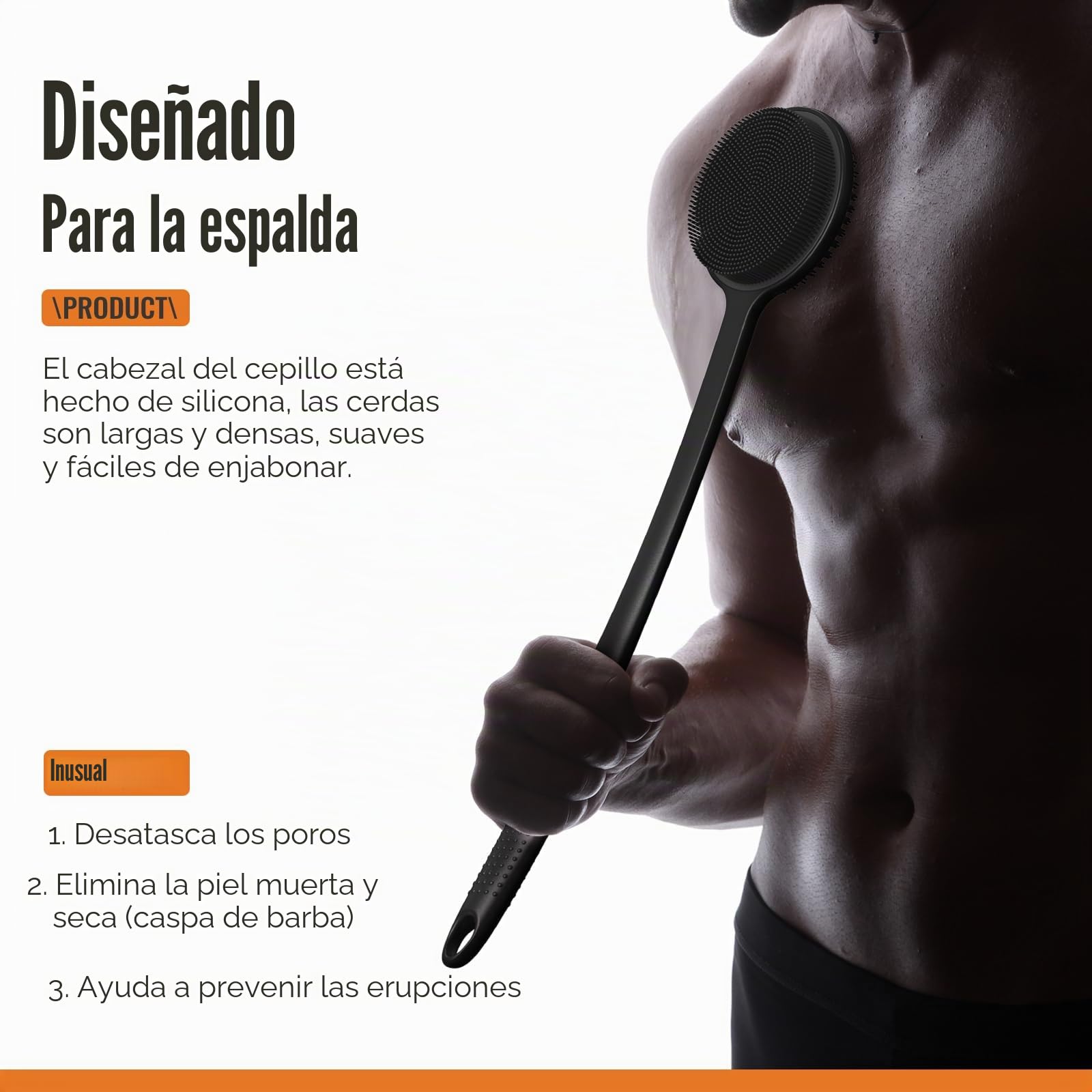 Limpiador de espalda de silicona, mango antideslizante extendido de 17 pulgadas, cepillo para el cuerpo, mango largo para ducha, cepillo de ducha de doble cara, arandela trasera para limpieza y