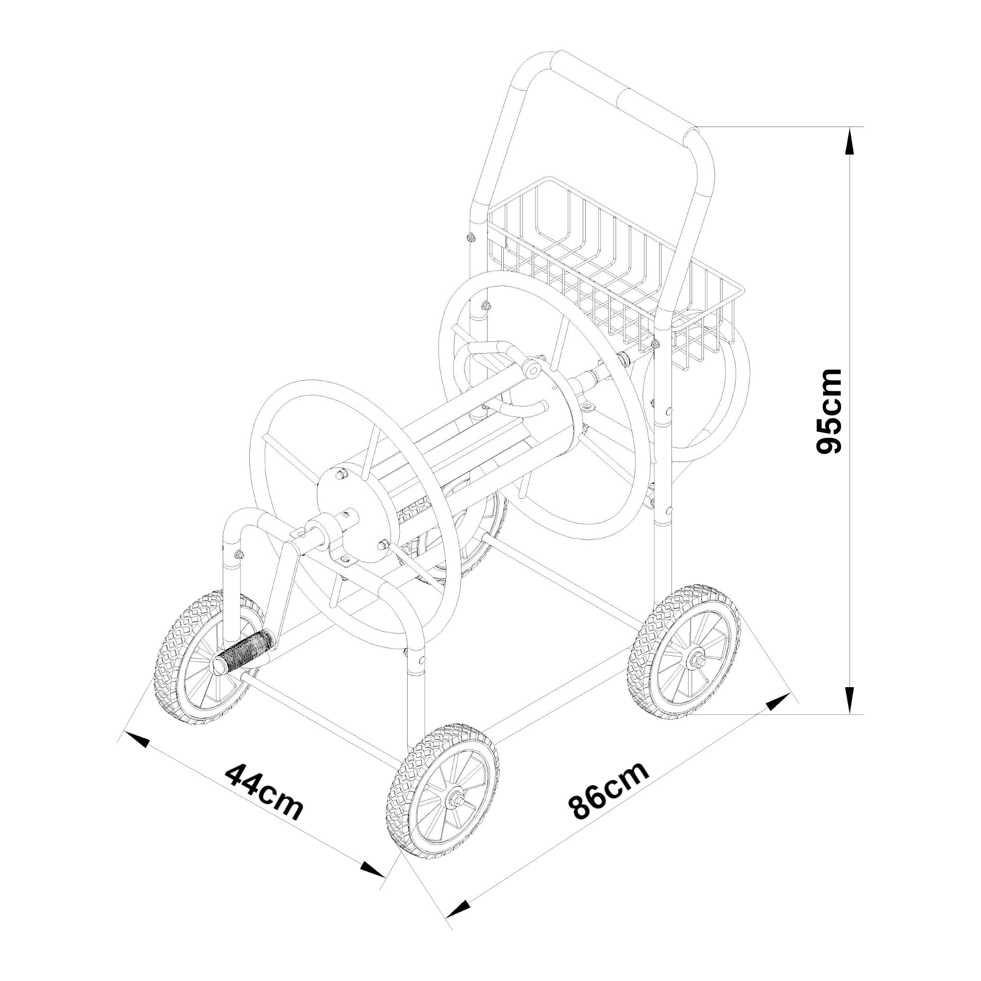 pro.tec Schlauchwagen Pescaza für 3/4 Zoll Schlauch bis zu 70 m Metall Gartenschlauchwagen ohne Schlauch Schlauchtrommel mit Reifen rollbar Schlauchaufroller mit Handkurbel 86 x 44 x 95 cm Grün