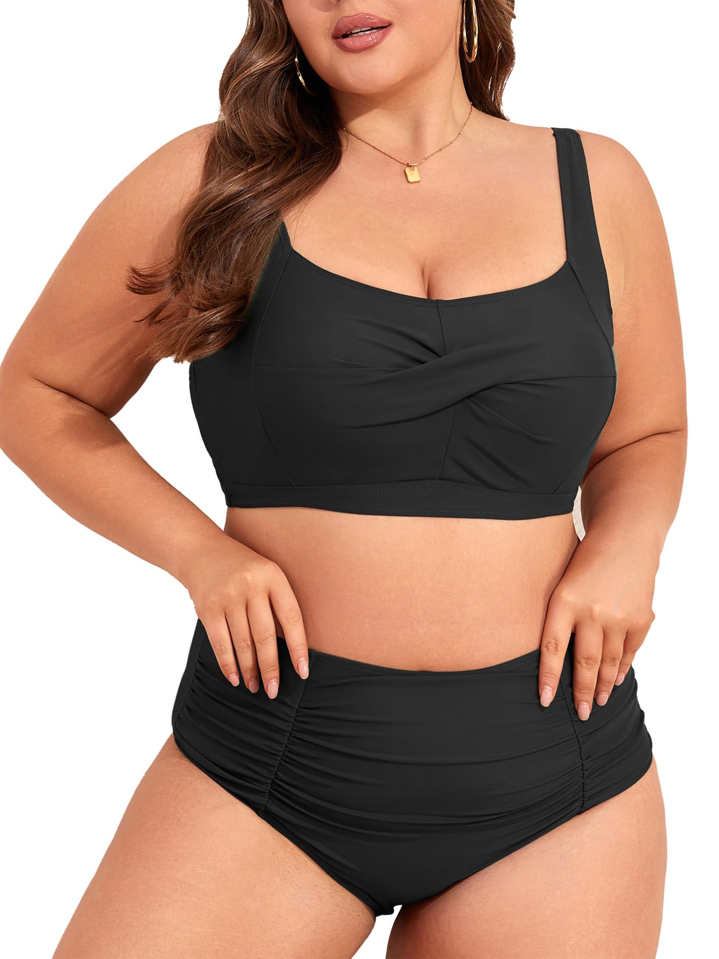 PONCEAU Bikini para mujer, talla grande, cintura alta, traje de baño push up, traje de baño de dos piezas con cojín en el pecho