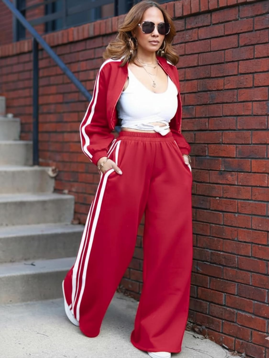 Akmipoem Sweatsuits Women 2 Piece Outfit Striped Tracksuit Long Sleeve Zipper Crop Jacket Wide Leg Sweatpants Set