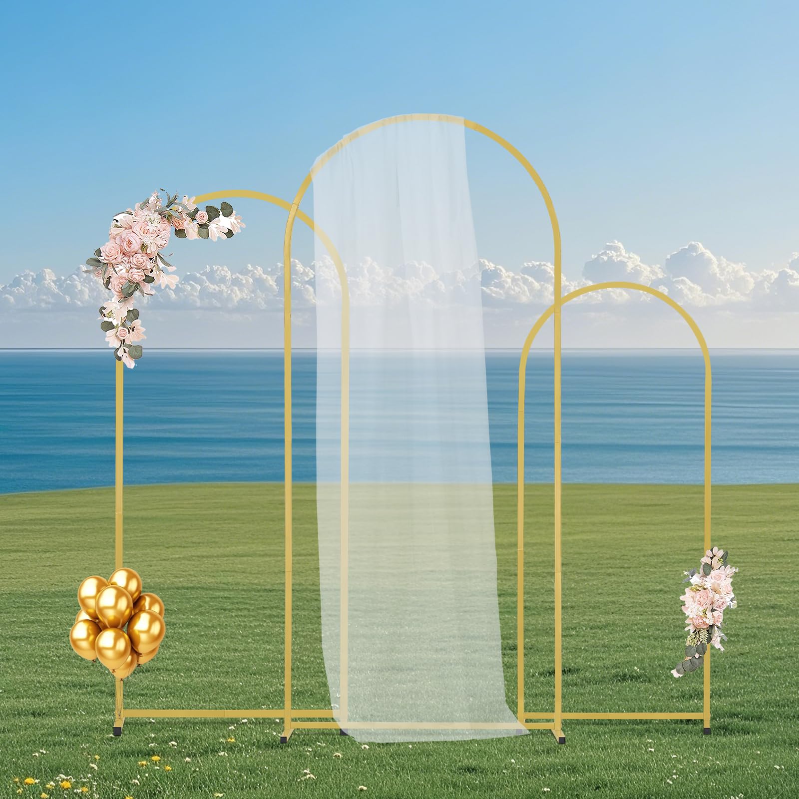 VEVOR Support de Fond Arche de Mariage, Lot de 3, Support Stable Métal, 1805 mm, 1500 mm, 1205 mm, Barre Transversale de Châssis, Facile à Assembler, pour Anniversaire, Célébration, Cérémonie, Doré