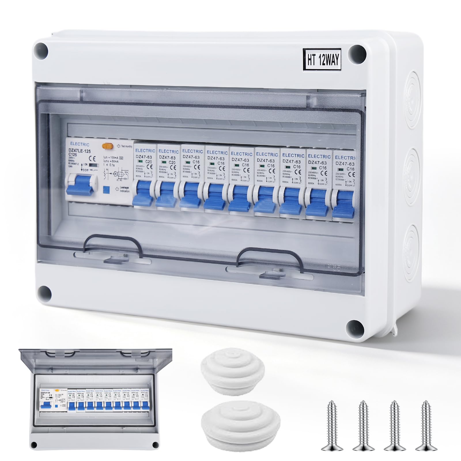 Sicherungskasten Aufputz, Aufputz Verteiler Kleinverteiler, Verteilerkasten mit Fi Schutzschalter, IP65 Wasserdicht Verteilerkasten, Leistungsschalter 125A, AC Trennschalter 7x16A+2x20A