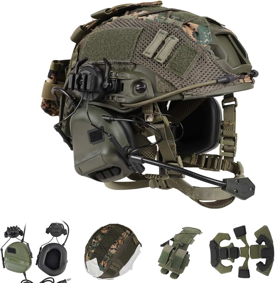 WLXW Taktischer Helm Mit Headset – 4-in-1, Verbessert, Verstellbar, Mit Helmabdeckung for CS Airsoft