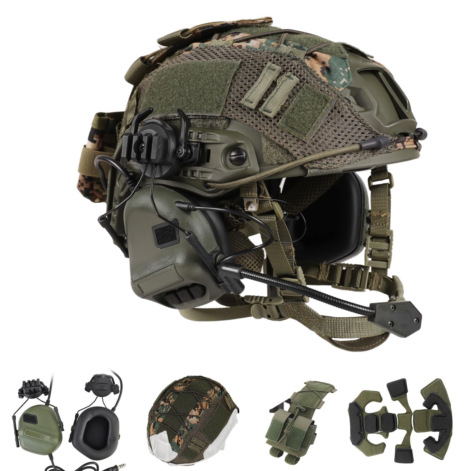 WLXW Taktischer Helm Mit Headset – 4-in-1, Verbessert, Verstellbar, Mit Helmabdeckung for CS Airsoft Cosplay, Militärausrüstung, Wargame