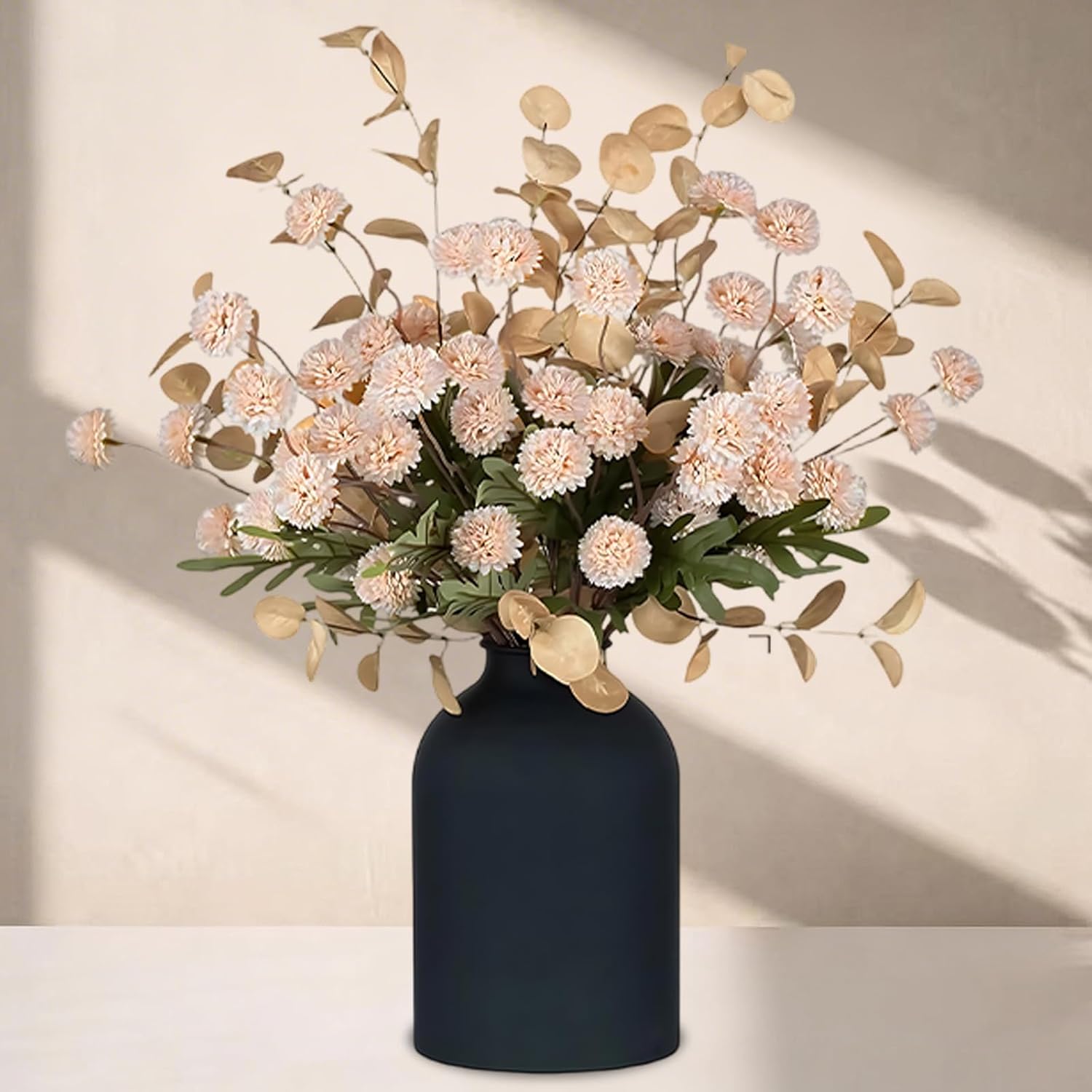 Fake Flowers for Vase-10 Pcs Silk Mini Chrysanthemum Artificial Flowers with 2 Pcs Eucalyptus Stems, Bulk Faux Flowers for Spring Table Centerpieces Decor Floral Arrangements (Beige)