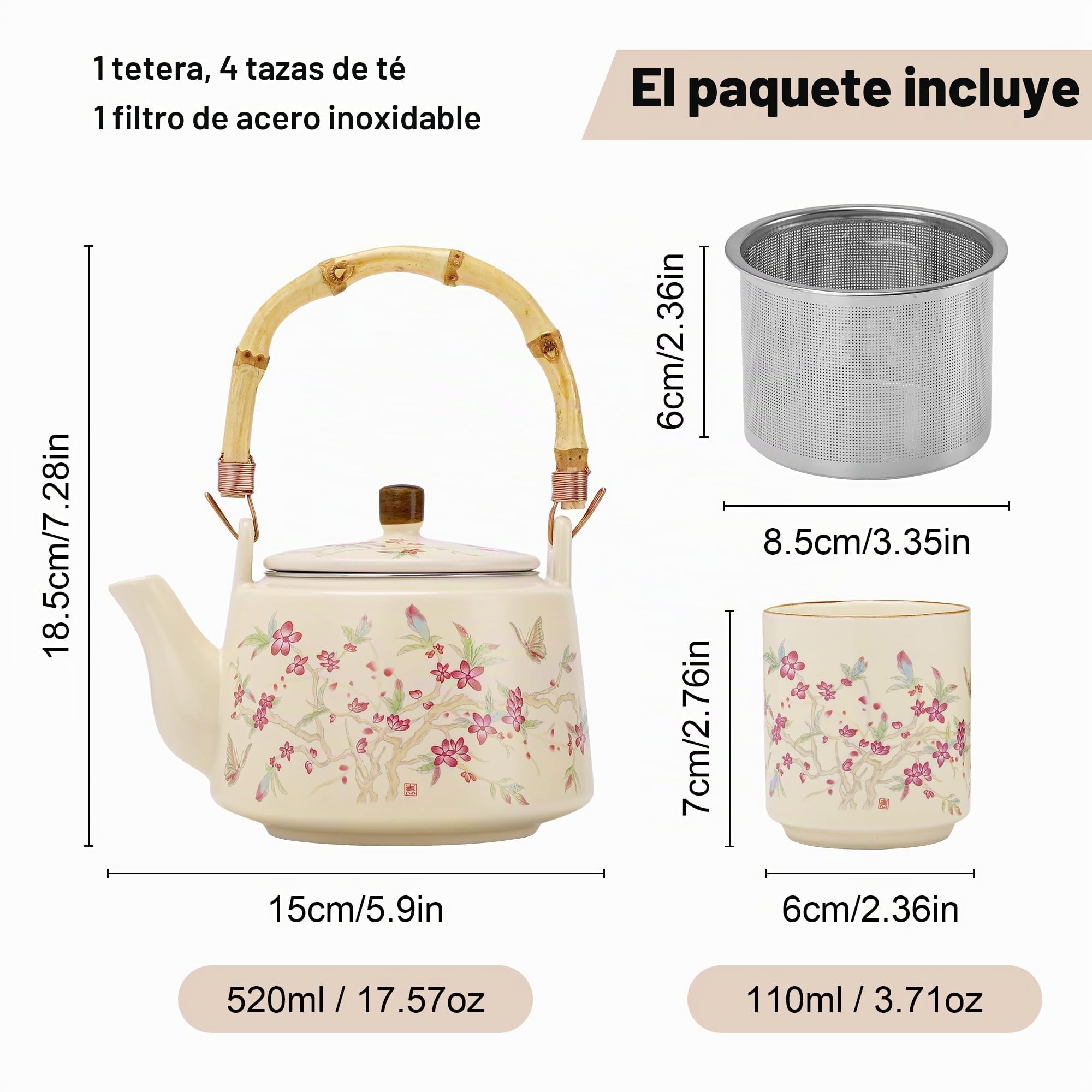 fanquare Juegos de té Kungfu con flores Tetera de porcelana esmaltada amarilla con infusor Tazas de té japonesas para adultos Regalo, una tetera con 4 tazas