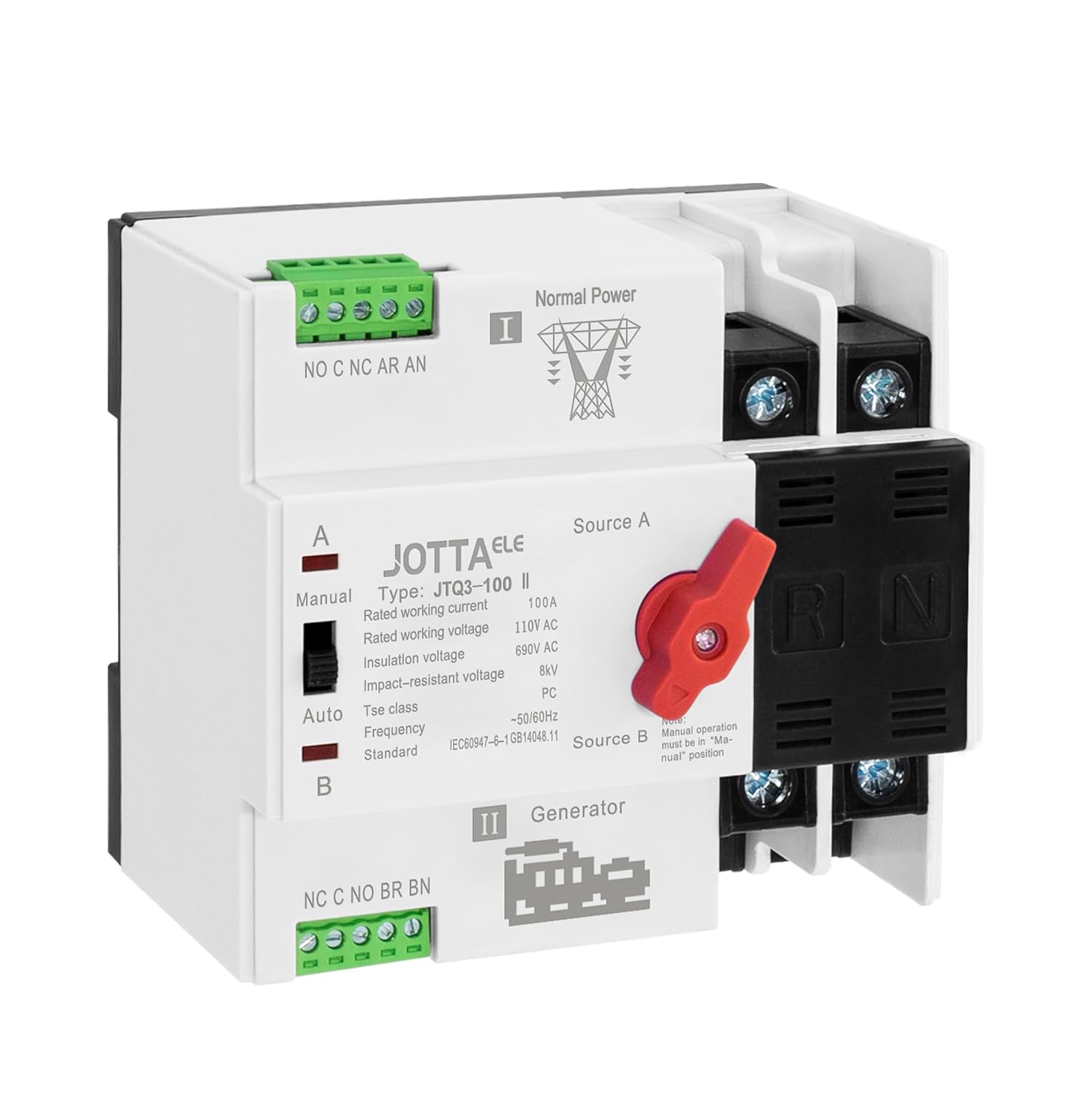 JOTTAELE ATS,Dual Power Automatic Transfer Switch 2P 100A 110V 50/60Hz,Changeover Switch for Generator