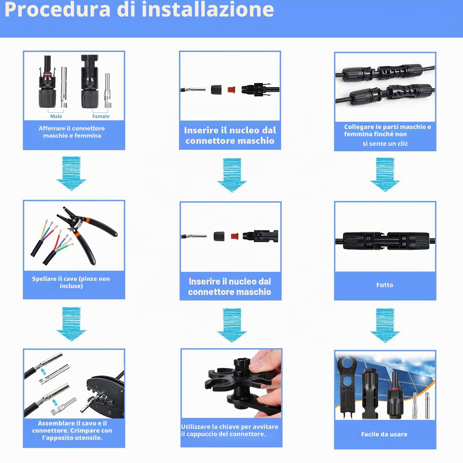 Kit Crimpatura per Impianti Fotovoltaici per 2.5/4/6 mm², con 1 Pinza Crimpatrice, 10 paia Connettori Fotovoltaici, 10 paia Connettori Maschio/Femmina, 2 Chiave, per Impianto Fotovoltaico