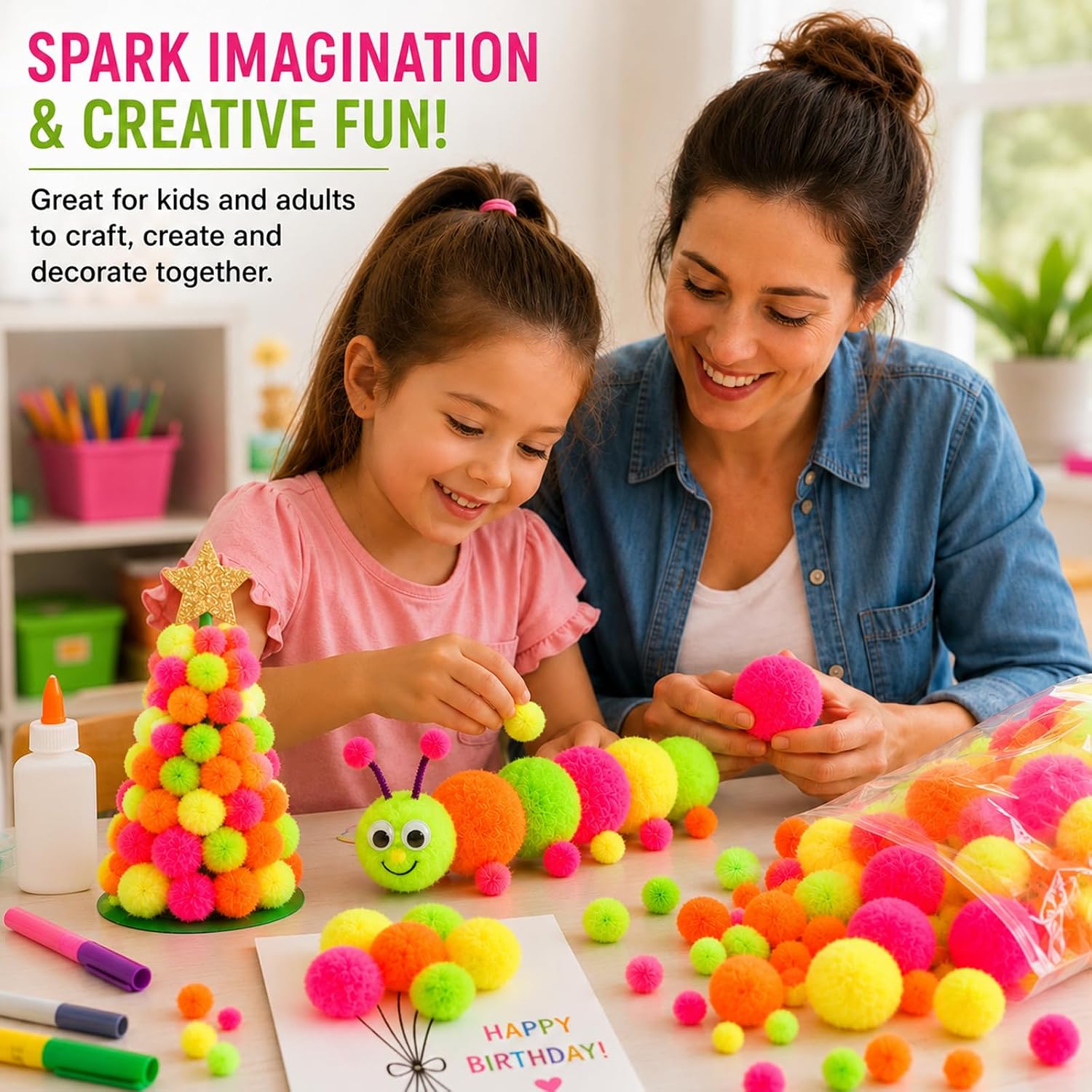 Essentials By Leisure Arts Pom Poms, Neon -Assorted Sizes, 100 Pieces Per Pack