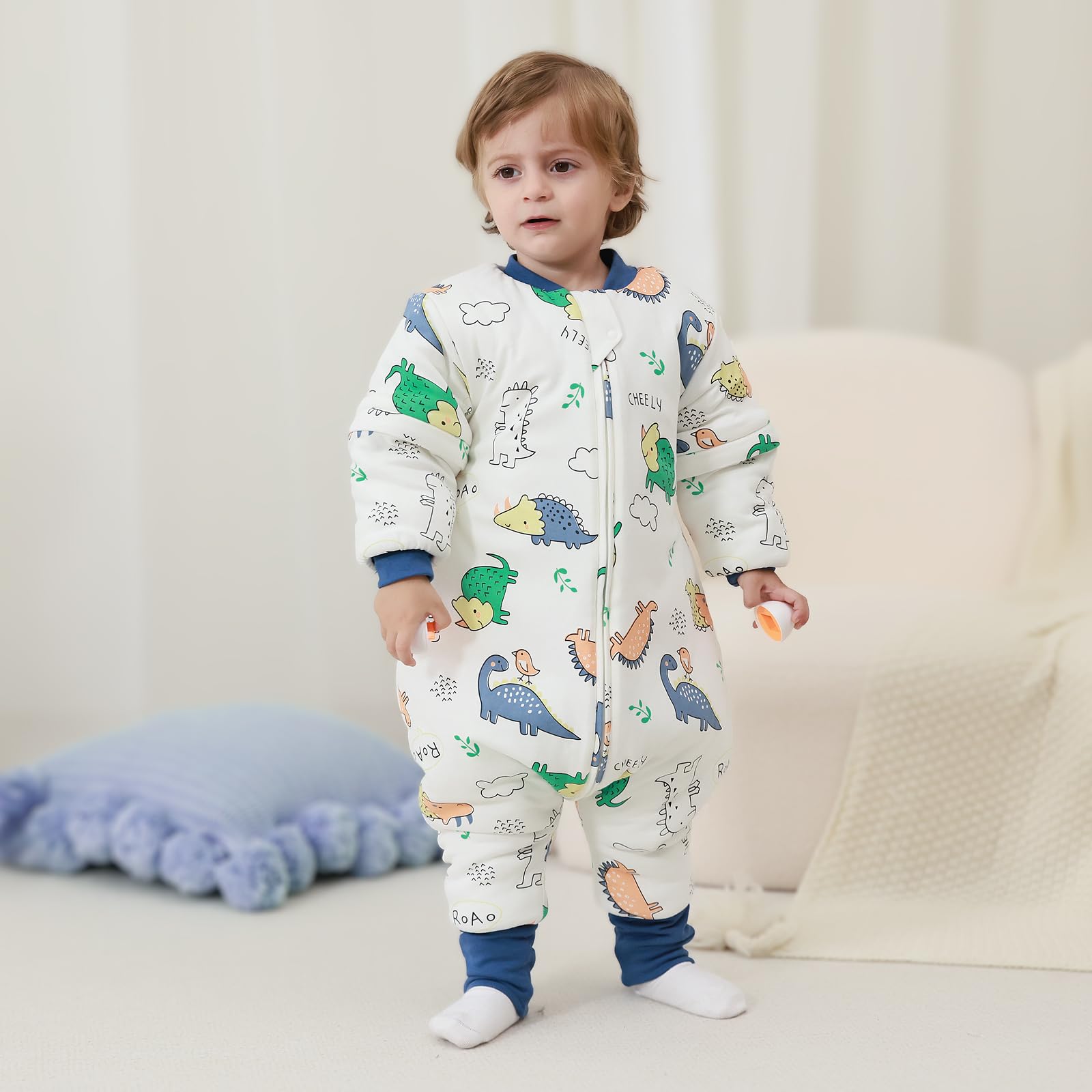 MIKAFEN Sacco nanna a maniche lunghe con piedi 3,5 tog invernale, per bambini - sacco nanna invernale con gambe - 100% cotone, Dinosauri verdi (18-36 mesi)