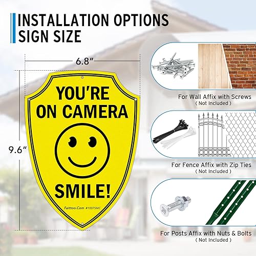 Miniatura 2 de Faittoo Señal de sonreír You're On Camera, letreros de videovigilancia al aire libre, paquete de 2, señal de advertencia reflectante de aluminio de