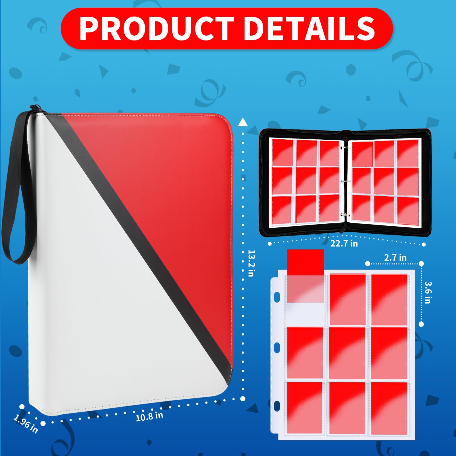 Carpeta de tarjetas coleccionables de 9 bolsillos, 900 bolsillos con 50 fundas extraíbles para tarjetas de juego, libro de tarjetas premium, tarjetas de juego y tarjetas deportivas (rojo, 9
