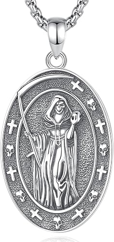 INFUSEU Santa Muerte Necklace for Women Men Sterling Silver 925 Pendant Cadena D