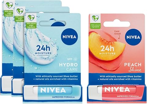 NIVEA Şeftali Dudak Bakım Kremi (4,8 g), 24 Saat Nem, Doğal Yağlar, Şeftali Kokusu + NIVEA Hydro Care Dudak Bakım Kremi, Aloe Vera, Saf Su ve Doğal Yağlar, SPF 15, Gün Boyu Dudak Bakımı (4,8g) x3
