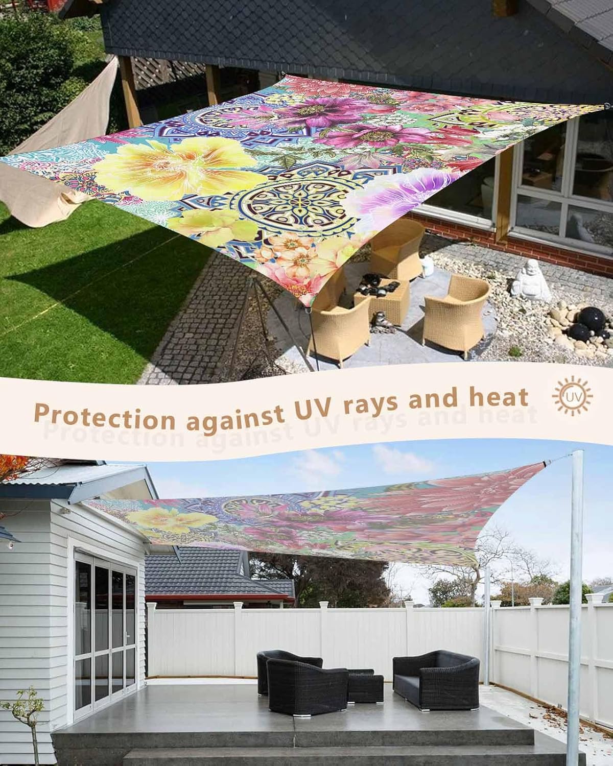 Sun Shade Sail 8'x10' Boho Floral Sun Shade Sails Canopy Waterproof Bright Flowers Blossom Bohemian Mandala Outdoor Sunshades Sand UV Block Cover Shade Cloth for Patio Yard Garden Deck Lawn