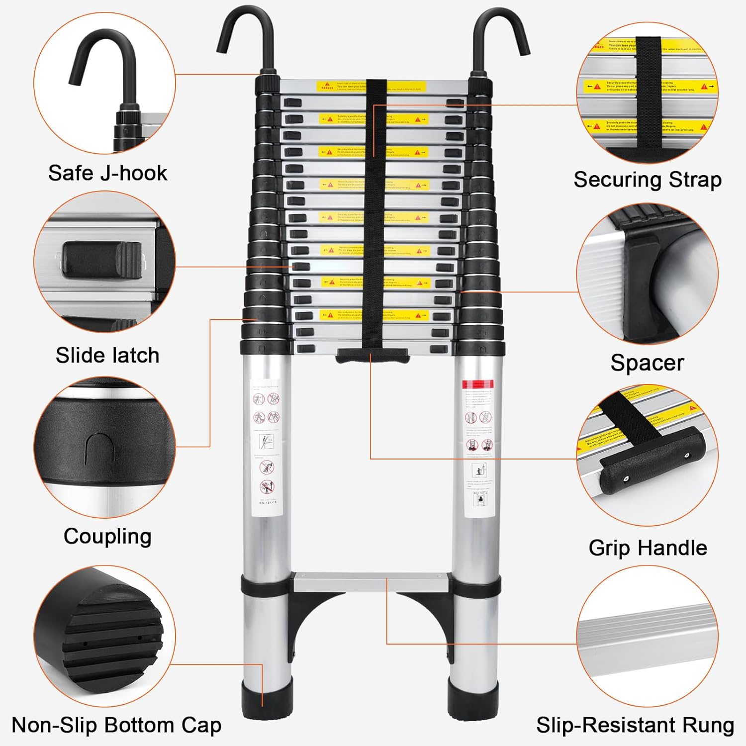 Telescoping Ladder 26.2FT Aluminum Lightweight Extension Ladder with Hooks 330 Lbs Heavy Duty Non-Slip Feet Folding Ladder Multi-Purpose Collapsible for Home RV Attic Outdoor Use (26.2 FT with Hooks)