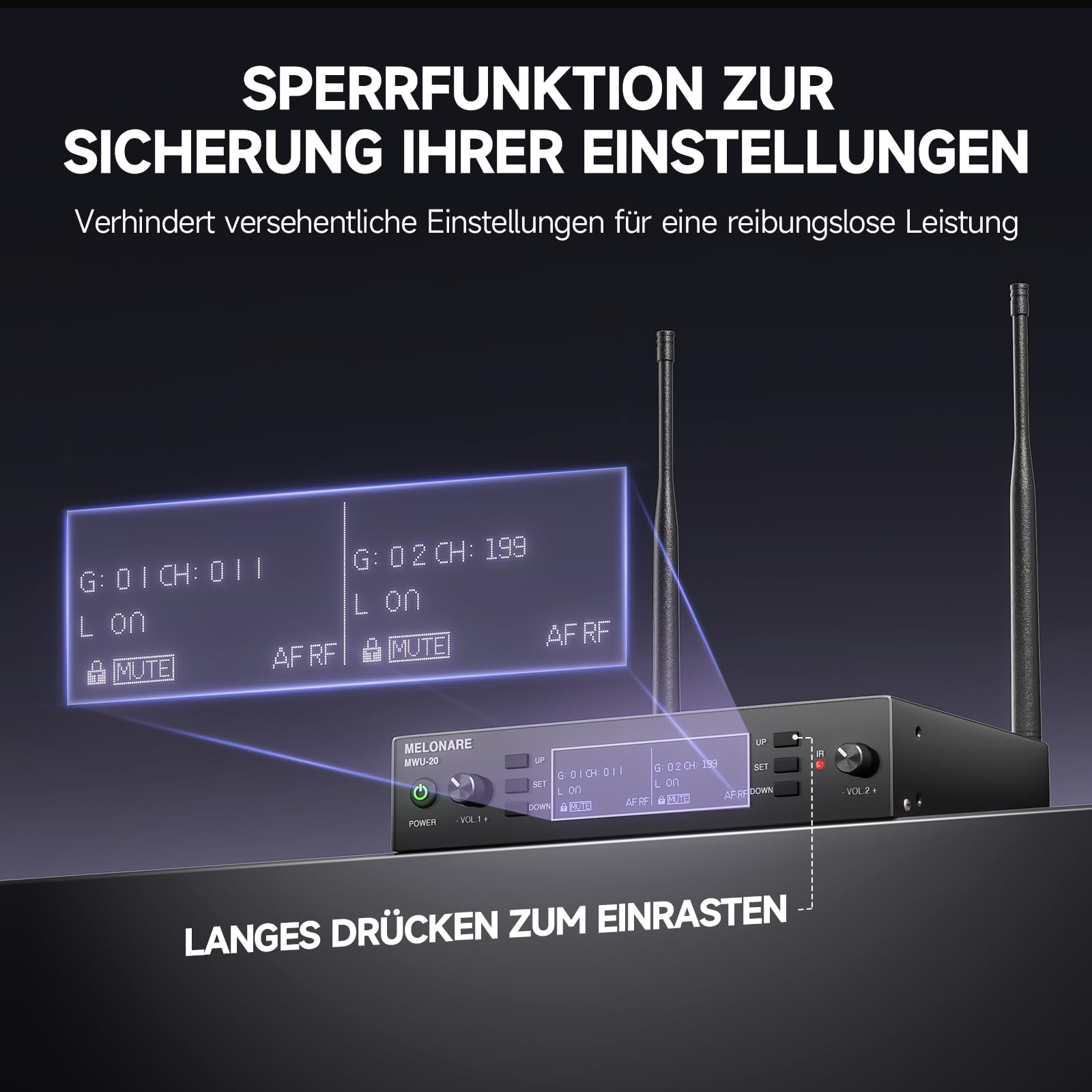 MELONARE Dual UHF Auto-Scan Funkmikrofonsystem MWU-20-2H | 2 Handmikrofone, 2 x 100 Frequenzen, 80 m Reichweite, Gesang, Karaoke, Kirche, DJ